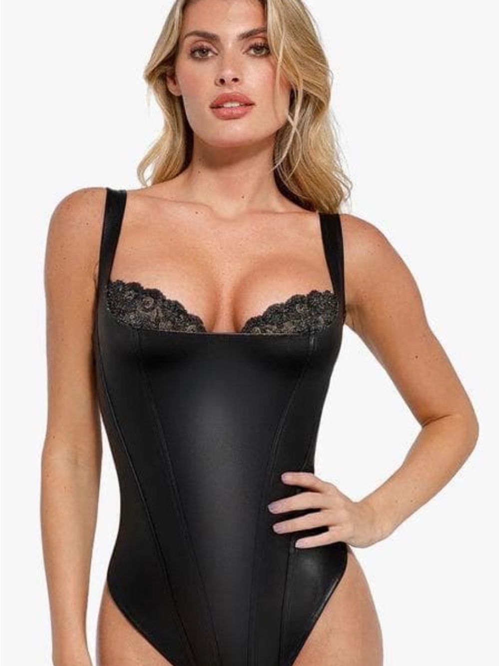 Popilush Black Lace-Trim Bodysuit for Women